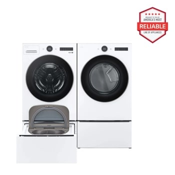 "America's Most Reliable Line of Home Appliances" badge. White Electric LG Front Load washer, dryer and SideKick™ Pedestal Washer.1