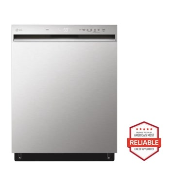 Front view of the 24-inch Wide QuadWash™ Front Control Dishwasher - Stainless Steel - LDFN3432T. Includes a graphic logo that says, Brought to you by America’s Most Reliable Line of Appliances.