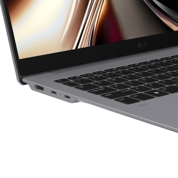 LG Gram 16Z90U-K.AUB6U1 Laptop side view showing multiple USB ports and connection options with partial keyboard visible