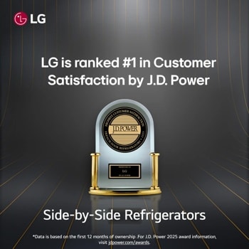 On a black background, JD Power trophy for LG Side by Side Refrigerator.