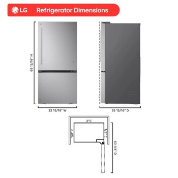 LG LB26H2200S Refrigerator dimensions: 69 15/16" H, 32 15/16" W, 35 15/16" D, with 2" C and 1/8" C clearance, and 63 1/4" D cutout depth Front View