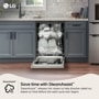 LG LDNPQ445S Dishwasher with SteamAssist feature infographic showing door open interior with loaded dishes in modern kitchen Save time with SteamAssist SteamAssist releases hot steam to help dissolve caked-on, baked-on food before the wash cycle ever begins