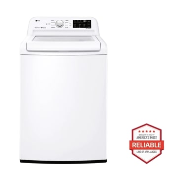 Front view of the 4.5 cu. ft. Top Load Washer with Impeller - WT7100CW. Includes a graphic logo that says, Brought to you by America's Most Reliable Line of Appliances.1