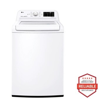 Front view of the 4.5 cu. ft. Top Load Washer with Impeller - WT7100CW. Includes a graphic logo that says, Brought to you by America’s Most Reliable Line of Appliances.