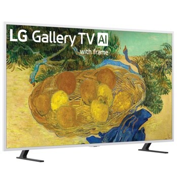 65-Inch LG Gallery TV AI 65LX7BPUA with frame displaying artwork of fruit basket painting on screen - Side Angle