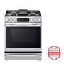 Front view of the 6.3 cu. ft. Smart Gas Slide-in Range with InstaView® ProBake Convection®, Air Fry, and Air Sous Vide - LSGL6337F. Includes a graphic logo that says, Brought to you by America’s Most Reliable Line of Appliances.