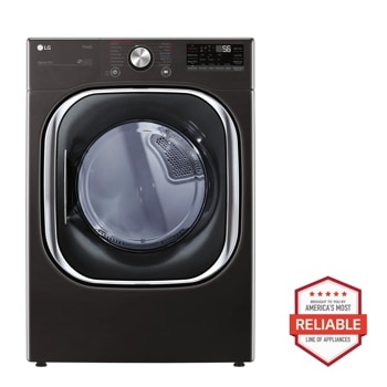 Front view of the 7.4 cu. ft. Ultra Large Capacity Smart wi-fi Enabled Front Load Electric Dryer with TurboSteam™ and Built-In Intelligence - DLEX4500B. Includes a graphic logo that says, Brought to you by America's Most Reliable Line of Appliances.
1