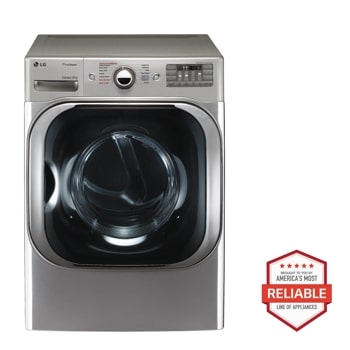 Front view of the 9.0 cu. ft. Mega Capacity Electric Dryer w/ TrueSteam® - DLEX8100V. Includes a graphic logo that says, Brought to you by America's Most Reliable Line of Appliances.
1
