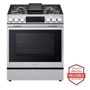 27 cu. ft. Smart Counter-Depth MAX™ French Door Pocket Handle Refrigerator with Slide-in Gas Range, Top Control Dishwasher and Microwave Kitchen Package in Stainless Steel LRFLC2716S_LSGL6335X_MVEL2033F_LDNTM545S