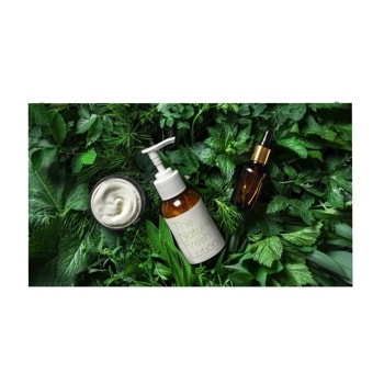 Advertisement with skincare products on a bed of green leaves, with text "The Nature Fresh."

1