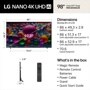 98-Inch LG NANO 4K UHD AI TV 98NU850BAUB dimensions and whats in the box including Magic Remote, Remote Control, Batteries, Power Cable, Stand, and Quick Start Guide