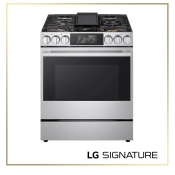 LG LSGU6339X Gas Range with stainless steel finish featuring digital control panel and five-burner cooktop with griddle - Front View1