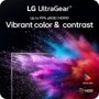 LG 27GS60QN-B UltraGear Monitor infographic highlighting up to 99% sRGB HDR10 vibrant color and contrast with colorful particle burst display