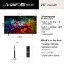75-Inch LG QNED AI Mini LED TV 75QNED75BUA Dimensions and Box Contents including Standard Remote, Remote Control Batteries, Power Cable, and Quick Start Guide