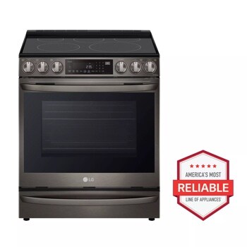 Front view of the 6.3 cu ft. Smart Wi-Fi Enabled ProBake Convection® InstaView™ Electric Slide-in Range with Air Fry - LSEL6337D. Includes a graphic logo that says, Brought to you by America’s Most Reliable Line of Appliances.