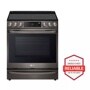 Front view of the 6.3 cu ft. Smart Wi-Fi Enabled ProBake Convection® InstaView™ Electric Slide-in Range with Air Fry - LSEL6337D. Includes a graphic logo that says, Brought to you by America’s Most Reliable Line of Appliances.