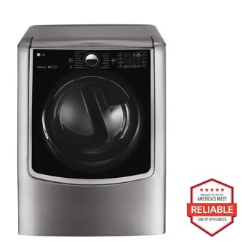 Front view of the 9.0 cu. ft. Large Smart wi-fi Enabled Gas Dryer w/ TurboSteam™ - DLGX9001V. Includes a graphic logo that says, Brought to you by America’s Most Reliable Line of Appliances.
