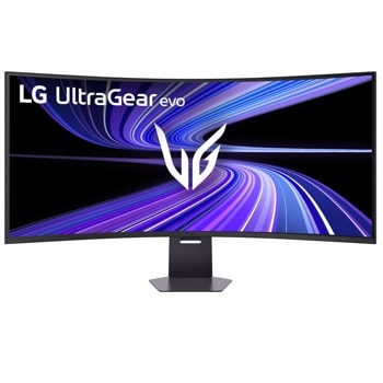 LG 52G930B-B UltraGear Curved Gaming Monitor with purple and blue swirling graphics on screen display - Front View