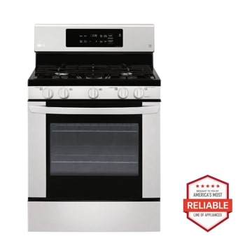 Front view of the 5.4 cu. ft. Gas Single Oven Range with EasyClean® - LRG3060ST. Includes a graphic logo that says, Brought to you by America's Most Reliable Line of Appliances.1