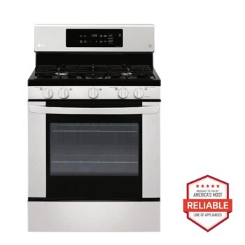 Front view of the 5.4 cu. ft. Gas Single Oven Range with EasyClean® - LRG3060ST. Includes a graphic logo that says, Brought to you by America’s Most Reliable Line of Appliances.