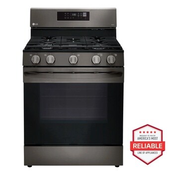 Front view of the 5.8 cu ft. Smart Wi-Fi Enabled Fan Convection Gas Range with Air Fry & EasyClean® - LRGL5823D. Includes a graphic logo that says, Brought to you by America’s Most Reliable Line of Appliances.