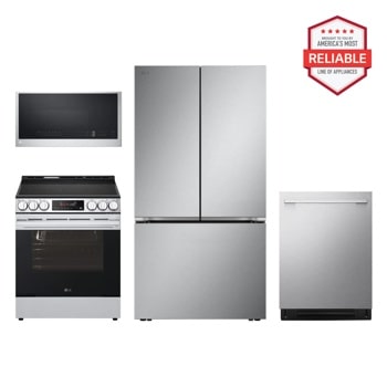 27 cu. ft. Smart Counter-Depth MAX™ French Door Pocket Handle Refrigerator with Slide-in Electric Range, Top Control Dishwasher and Microwave Kitchen Package in Stainless Steel LRFLC2716S_LSEL6333XE_MVEL2033F_LDNTM545S1