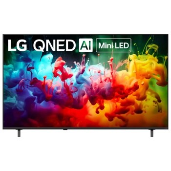 65-Inch LG QNED AI Mini LED 4K TV 65QNED75BAA displaying vibrant colorful ink swirls in blue red orange and yellow - Front View