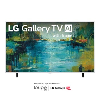 LG Gallery TV AI 65LX7BPUA with frame displaying abstract art featuring loupe art and LG Gallery+ branding