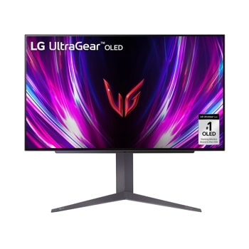 LG 27GS93QE-B 27-Inch UltraGear OLED Gaming Monitor displaying vibrant purple light streaks with red gaming logo and #1 OLED Gaming Monitor badge - Front View1