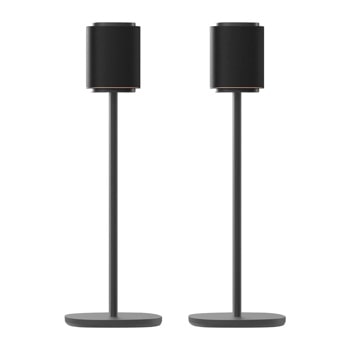 FS-M72 speaker stands pair with cylindrical black speakers mounted on tall slender poles with oval bases - Front View