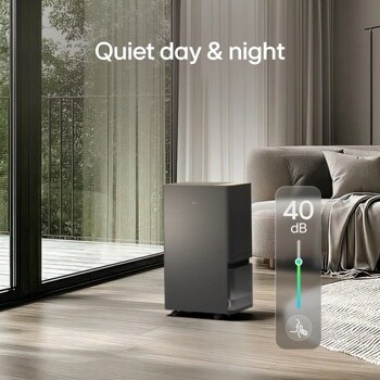DT501BKR0 Dehumidifier infographic showing quiet operation at 40 dB in modern living room setting