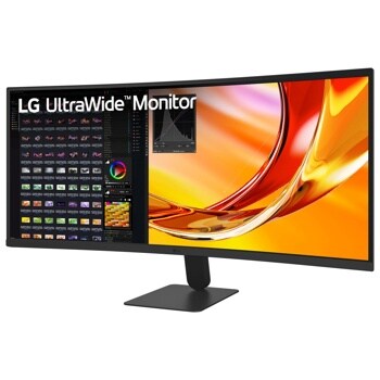 LG 34U601B-B 34-Inch UltraWide Monitor displaying split screen with photo editing software and vibrant orange abstract design - Side Angle