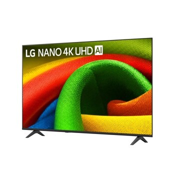 65-Inch LG NANO 4K UHD AI TV 65NU700BPUA displaying vibrant colorful fabric texture with red, green, yellow and blue curves - Side Angle