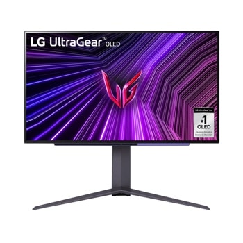 LG 27GS95QE-B 27-Inch UltraGear OLED Gaming Monitor displaying purple geometric pattern with UltraGear logo - Front View1