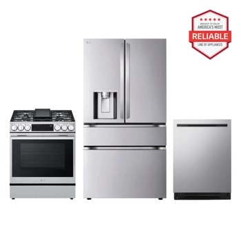 LG LF29H8330S LSGL6335X LDNPM654S kitchen package with gas range, refrigerator, and dishwasher, America's Most Reliable line of appliances Front View1