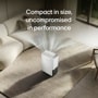 LG DT501BWR0 Dehumidifier infographic showing compact size uncompromised in performance in modern living room