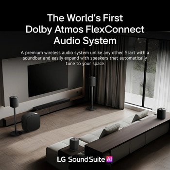 M5-P2_H7 Soundbar with Dolby Atmos FlexConnect Audio System showing soundbar and multiple speakers in modern living room setup