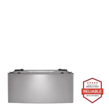 Front view of the 1.0 cu. ft. LG SideKick™ Pedestal Washer, LG TWINWash™ Compatible - WD100CV. Includes a graphic logo that says, Brought to you by America’s Most Reliable Line of Appliances.
