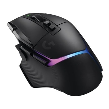 Logitech 910006160 wireless gaming mouse with RGB lighting strip, programmable buttons, and ergonomic design - Side Angle