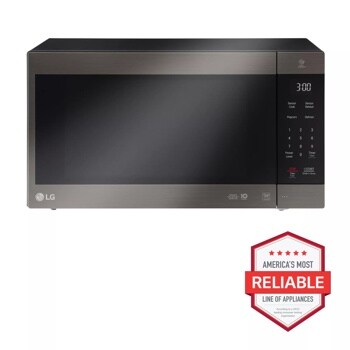 Front view of the LG Black Stainless Steel Series 2.0 cu. ft. NeoChef™ Countertop Microwave with Smart Inverter and EasyClean® - LMC2075BD. Includes a graphic logo that says, Brought to you by America’s Most Reliable Line of Appliances.