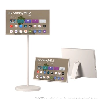 LG 32LX6BWGA TV displaying StanbyME 2 Max interface in mounted and detached configurations with streaming apps visible *StanbyME 2 Max shown above in both mounted and detached configurations, on one device per order1