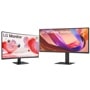 LG 32MR50C-B and 34U650A-B Monitors side by side displaying colorful abstract graphics on black stands