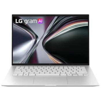 LG Gram 14Z95U-G.AU76U1 Laptop with white keyboard and abstract metallic design on screen - Front View