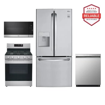 LG Kitchen Package LFDS22520S LRGL5821S MVEM1621Y LDFN3432T with America's Most Reliable badge Front View1