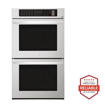 Front view of the 9.4 cu. ft. Electric Double Wall Oven - Stainless Steel - LWD3063ST. Includes a graphic logo that says, Brought to you by America’s Most Reliable Line of Appliances.
