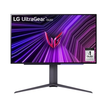 LG 27GR95QE-B 27-Inch UltraGear OLED Gaming Monitor displaying purple geometric pattern with UltraGear logo and #1 OLED Gaming Monitor Brand badge - Front View1