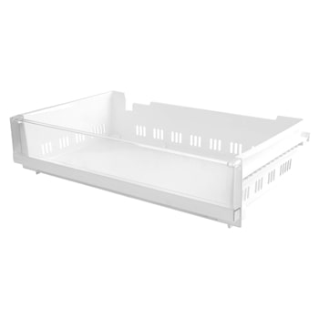 AJP73574527 white refrigerator crisper drawer with ventilation slots and adjustable divider1