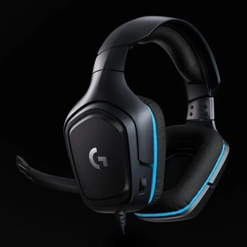 Logitech 981000769 gaming headset with black design, blue LED accent lighting, padded ear cups, and attached microphone - Side View