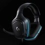 Logitech 981000769 gaming headset with black design, blue LED accent lighting, padded ear cups, and attached microphone - Side View