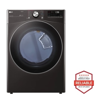 Front view of the 7.4 cu. ft. Ultra Large Capacity Smart wi-fi Enabled Front Load Gas Dryer with TurboSteam™ and Built-In Intelligence - DLGX4201B. Includes a graphic logo that says, Brought to you by America's Most Reliable Line of Appliances.